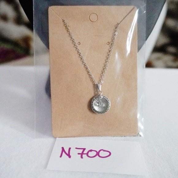 Small Round Pendant Necklace with Center Rhinestone Silver Tone - Picture 5 of 6